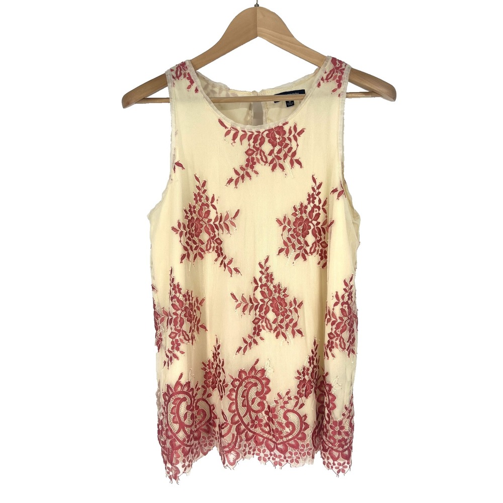 Max Edition Sleeveless‎ Tunic Womens Size M Red Cream Sheer Floral Embroidered